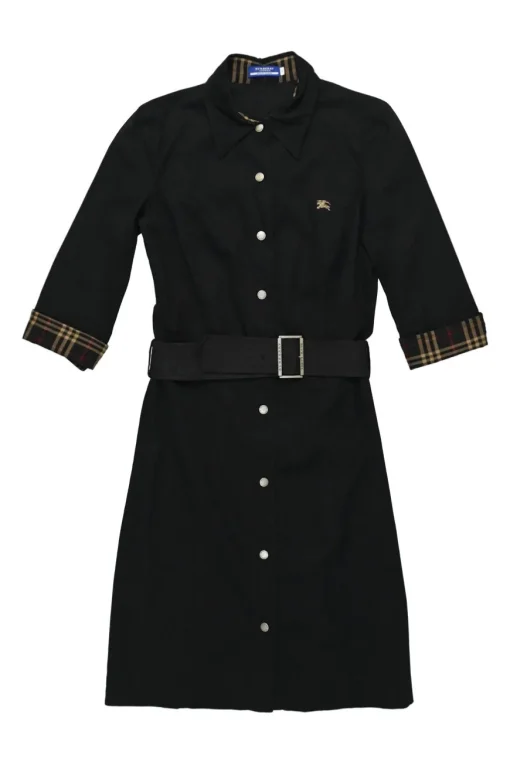 Black cotton-blend point collar snap-front belted shirt dress with cropped sleeves