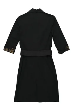 Black cotton-blend point collar snap-front belted shirt dress with cropped sleeves