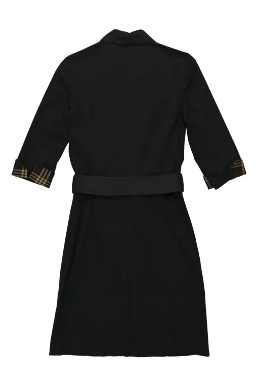 Black cotton-blend point collar snap-front belted shirt dress with cropped sleeves