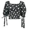 Black cotton-blend polka dot print balloon sleeve corset-style top with ribbon-tie cuffs