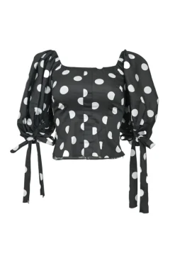 Black cotton-blend polka dot print balloon sleeve corset-style top with ribbon-tie cuffs