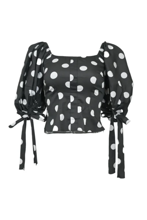 Black cotton-blend polka dot print balloon sleeve corset-style top with ribbon-tie cuffs