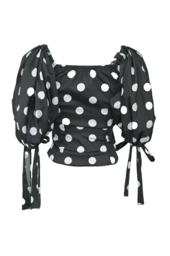 Black cotton-blend polka dot print balloon sleeve corset-style top with ribbon-tie cuffs
