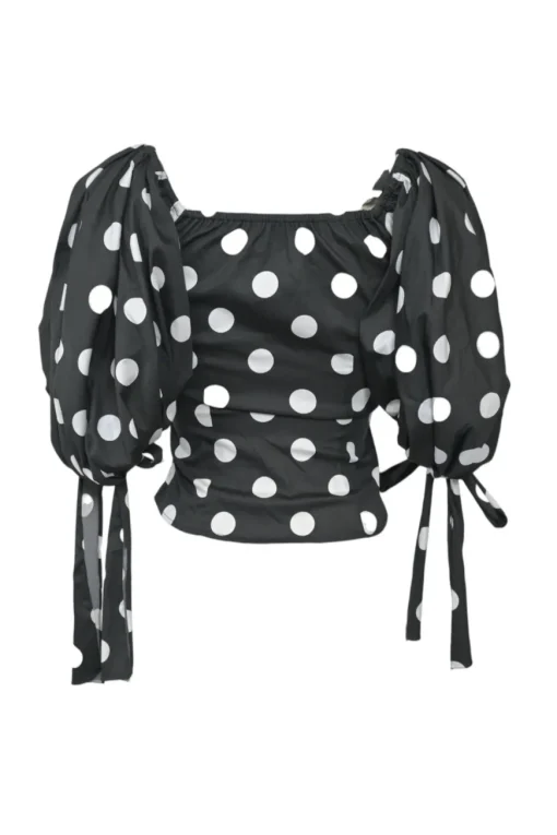 Black cotton-blend polka dot print balloon sleeve corset-style top with ribbon-tie cuffs