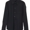 Black cotton-blend poplin button-front shirt with chest patch pocket and curved hem