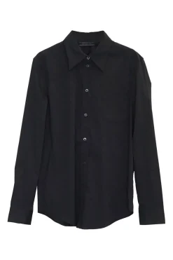 Black cotton-blend poplin button-front shirt with chest patch pocket and curved hem