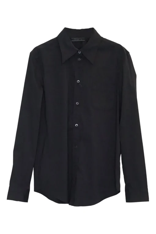 Black cotton-blend poplin button-front shirt with chest patch pocket and curved hem