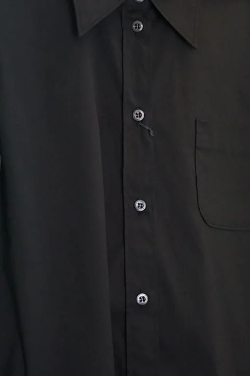 Black cotton-blend poplin button-front shirt with chest patch pocket and curved hem
