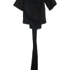 Black cotton-blend pullover tie-back off-shoulder flutter sleeve cropped top