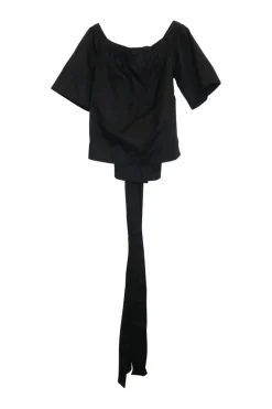 Black cotton-blend pullover tie-back off-shoulder flutter sleeve cropped top