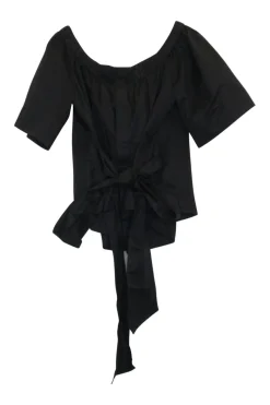 Black cotton-blend pullover tie-back off-shoulder flutter sleeve cropped top