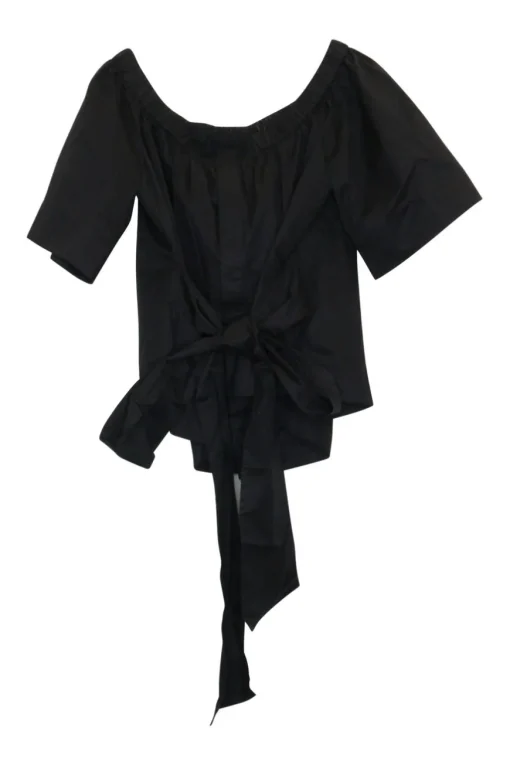 Black cotton-blend pullover tie-back off-shoulder flutter sleeve cropped top