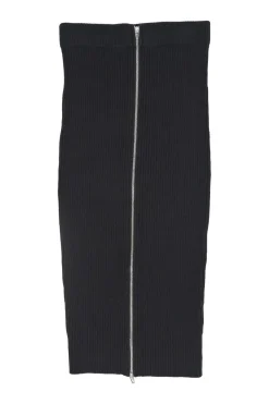 Black cotton-blend rib knit pull-on zip slit midi skirt