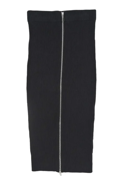 Black cotton-blend rib knit pull-on zip slit midi skirt