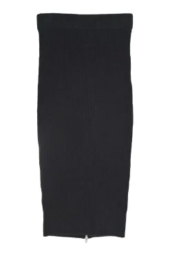 Black cotton-blend rib knit pull-on zip slit midi skirt