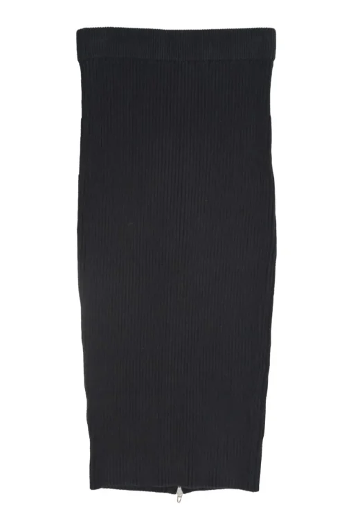 Black cotton-blend rib knit pull-on zip slit midi skirt