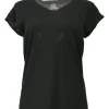 Black cotton-blend scoop neck pullover cap sleeve knit top
