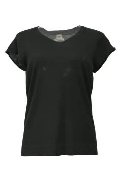 Black cotton-blend scoop neck pullover cap sleeve knit top