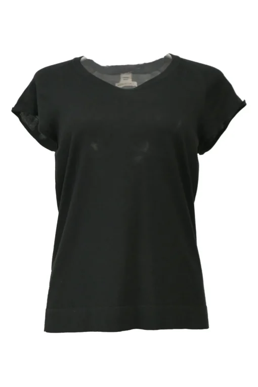Black cotton-blend scoop neck pullover cap sleeve knit top