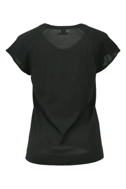 Black cotton-blend scoop neck pullover cap sleeve knit top