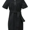 Black cotton-blend spread collar half-zip short sleeve tie-waist shift dress