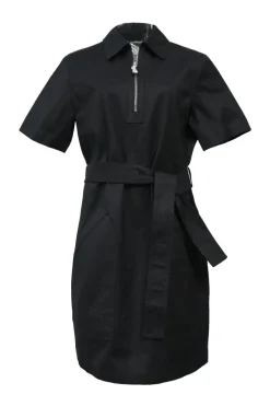 Black cotton-blend spread collar half-zip short sleeve tie-waist shift dress