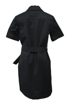 Black cotton-blend spread collar half-zip short sleeve tie-waist shift dress