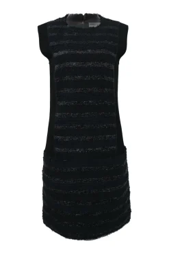 Black cotton-blend stripe bouclé tweed cap sleeve shift dress