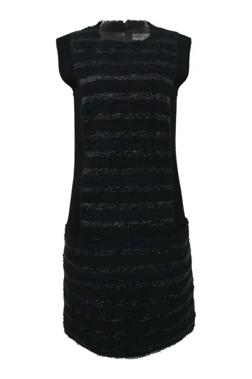 Black cotton-blend stripe bouclé tweed cap sleeve shift dress