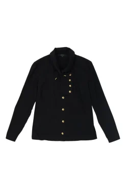 Black cotton-blend tie collar button-front blouse