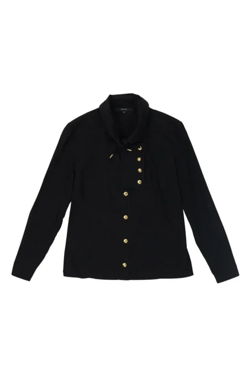 Black cotton-blend tie collar button-front blouse