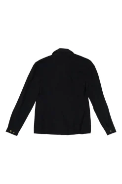 Black cotton-blend tie collar button-front blouse