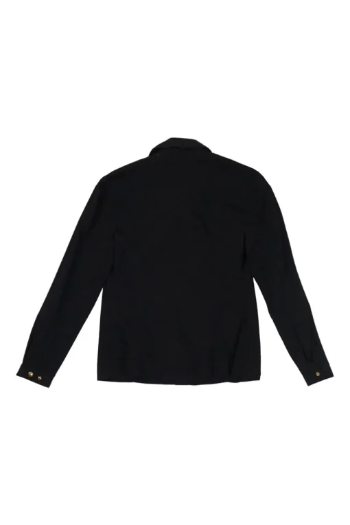 Black cotton-blend tie collar button-front blouse