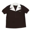 Black cotton-blend two-tone half-zip spread notch collar polo with logo chest patch