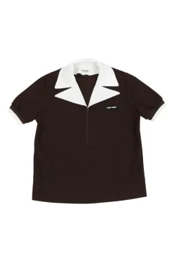 Black cotton-blend two-tone half-zip spread notch collar polo with logo chest patch