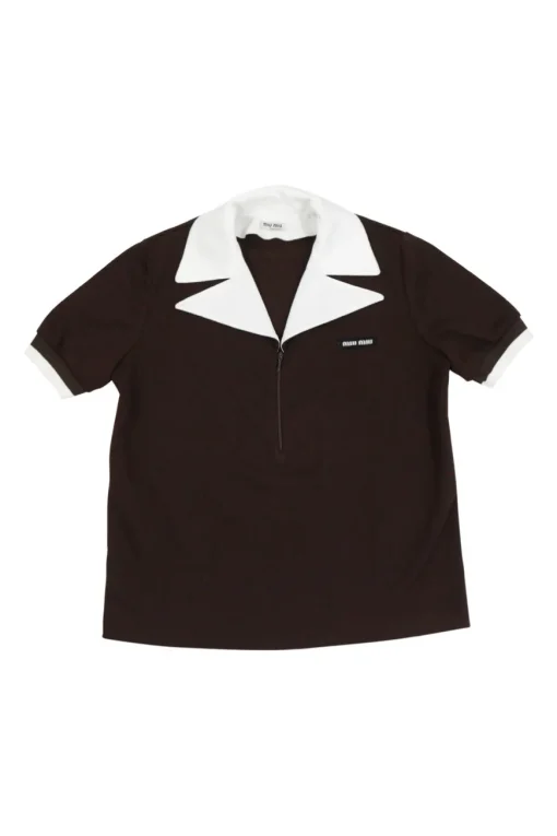 Black cotton-blend two-tone half-zip spread notch collar polo with logo chest patch