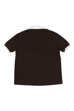 Black cotton-blend two-tone half-zip spread notch collar polo with logo chest patch