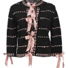Black cotton-linen ajour knit Lotta cardigan with pink satin ribbons and lace-up trim