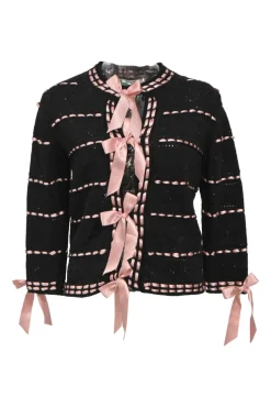 Black cotton-linen ajour knit Lotta cardigan with pink satin ribbons and lace-up trim