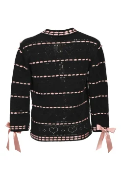 Black cotton-linen ajour knit Lotta cardigan with pink satin ribbons and lace-up trim