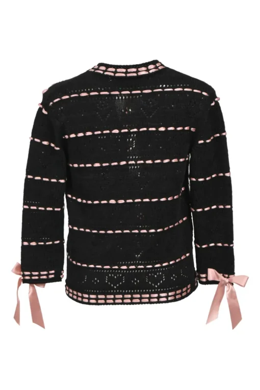 Black cotton-linen ajour knit Lotta cardigan with pink satin ribbons and lace-up trim