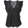 Black cotton-linen blend scalloped eyelet plunge neck blouse with flutter sleeves and empire waist