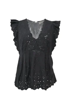 Black cotton-linen blend scalloped eyelet plunge neck blouse with flutter sleeves and empire waist