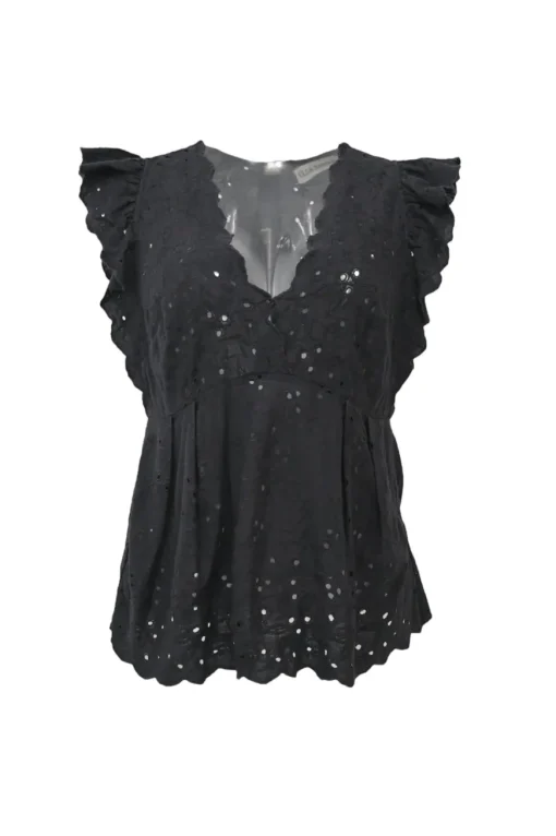 Black cotton-linen blend scalloped eyelet plunge neck blouse with flutter sleeves and empire waist
