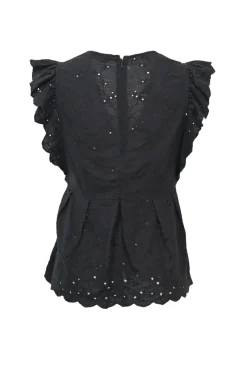 Black cotton-linen blend scalloped eyelet plunge neck blouse with flutter sleeves and empire waist