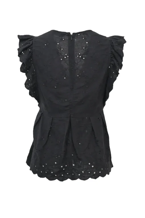 Black cotton-linen blend scalloped eyelet plunge neck blouse with flutter sleeves and empire waist