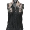 Black cotton-ramie overprinted stand collar button-front sleeveless blouse