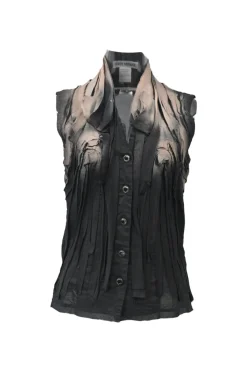 Black cotton-ramie overprinted stand collar button-front sleeveless blouse