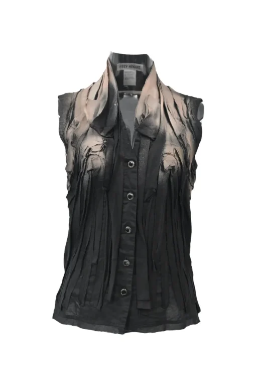 Black cotton-ramie overprinted stand collar button-front sleeveless blouse