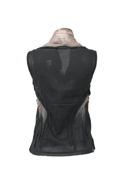Black cotton-ramie overprinted stand collar button-front sleeveless blouse